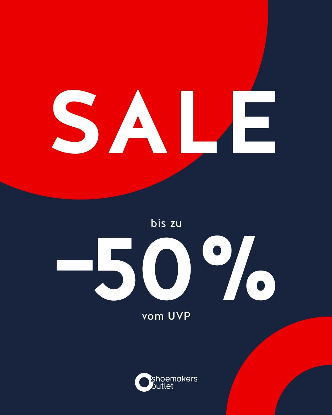 A promotional poster for a sale with up to 50% off the usual price. The text is bold and white on a blue background with red accents.