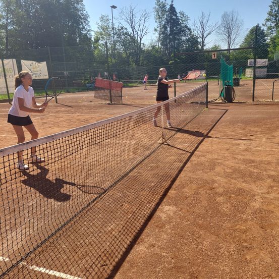 Zwei Frauen spielen Tennis auf einem Außenplatz mit Netz, umgeben von einem Zaun und Bäumen. Eine Frau bereitet sich darauf vor, den Ball zu schlagen.