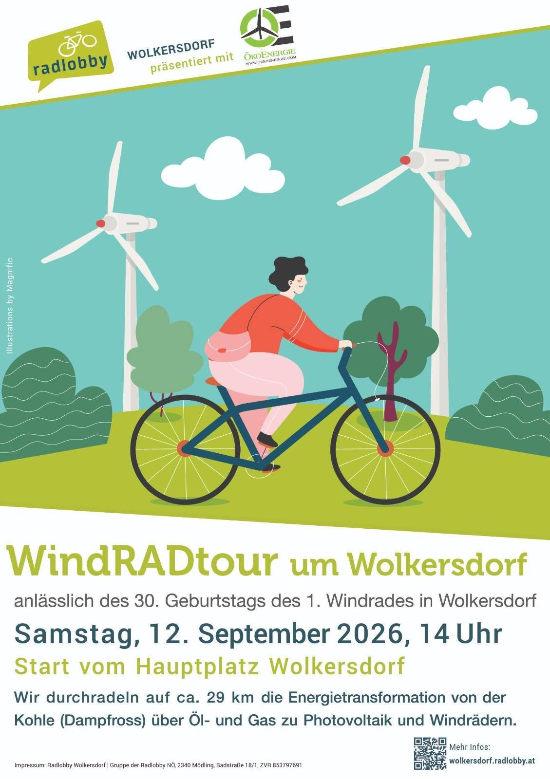 Eine Illustration einer Frau, die auf einem Fahrrad in einem grünen Feld fährt, mit Windturbinen im Hintergrund. Der Text lautet 'WindRADtour um Wolkersdorf' und das Datum 'Samstag, 12. September 2026, 14 Uhr'.