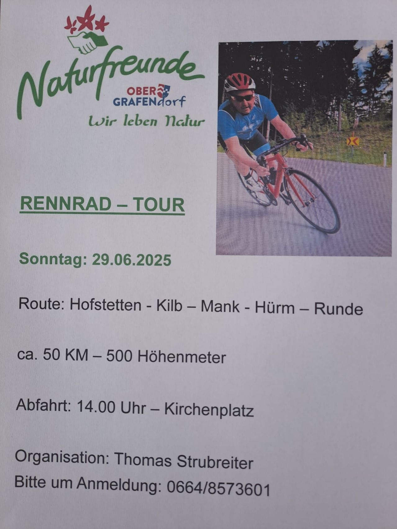 Ein Flugblatt für eine Fahrradtour am 29. Juni 2025. Die Route führt durch Hofstetten, Kilb, Mank und Hurm. Gesamtstrecke ca. 50 km und 500 Höhenmeter. Abfahrt um 14 Uhr vom Kirchplatz. Organisiert von Thomas Strubreiter.