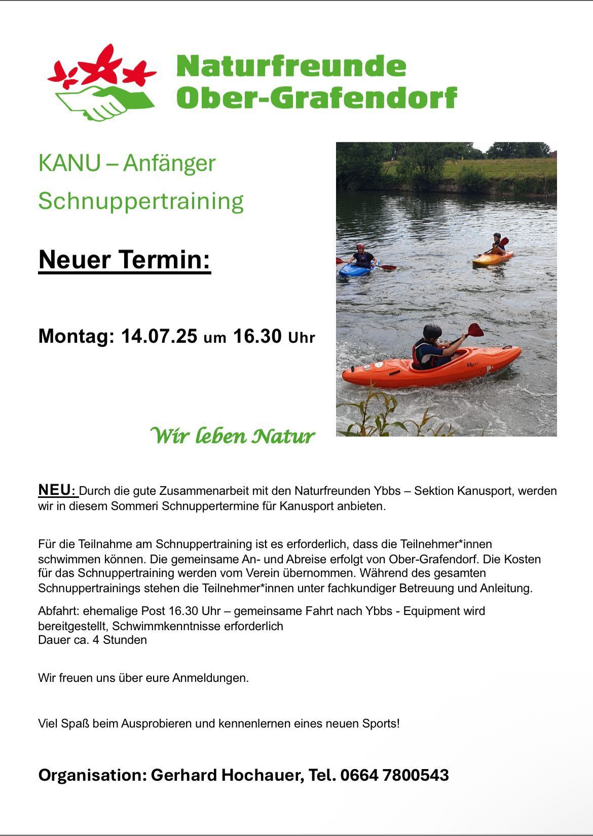 Ein Plakat für Anfänger-Kajaktraining. Neue Sitzung beginnt am Montag, 14. Juli um 14:25 Uhr bis 16:30 Uhr. Die Kosten werden vom Verein übernommen. Teilnehmer müssen schwimmen können. Training wird von erfahrenen Guides geleitet. Dauer ca. 4 Stunden.