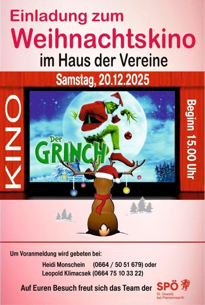 Weihnachtskino im Haus der Vereine. Samstag, 20.12.2025. Der Grinch. Beginn 15:00 Uhr. Voranmeldung wird gebeten.