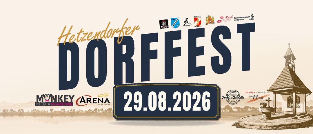 Plakat für das Dorffest am 29. August 2026 mit Logos verschiedener Organisationen und einem sandigen Hintergrund.