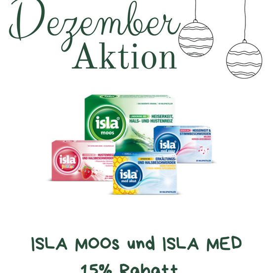 Eine Werbung für Dezember Aktion mit Isla Mo und Isla Med Produkten. Die Anzeige zeigt einen Rabatt von 15% auf verschiedene Produkte.