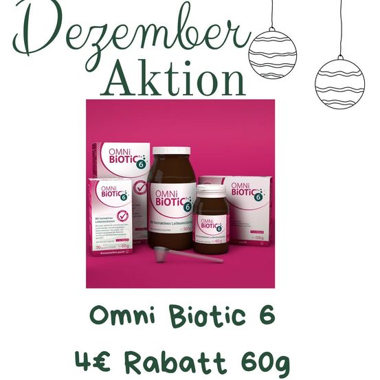Eine Werbung für eine Dezember-Aktion zeigt Omni Biotic 6 Flaschen und -Kästen auf einem rosa Hintergrund mit einem 4€ Rabatt von 60g.
