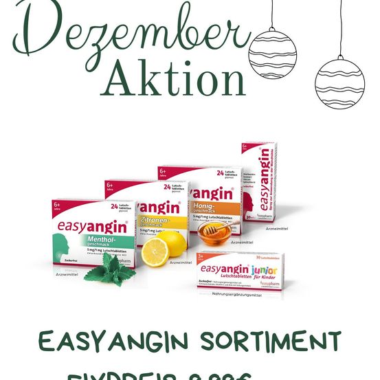 Eine Werbung für easyangin Produkte in verschiedenen Geschmacksrichtungen wie Honig-Zitrone, Menthol-Minze und Zitrone. Die Produkte werden mit Illustrationen von Zitronen, Minzblättern und Honig gezeigt. Die Werbung ist auf einem weißen Hintergrund mit dem Text 'Dezember Aktion' und 'EASYANgin SORTIMENT'.