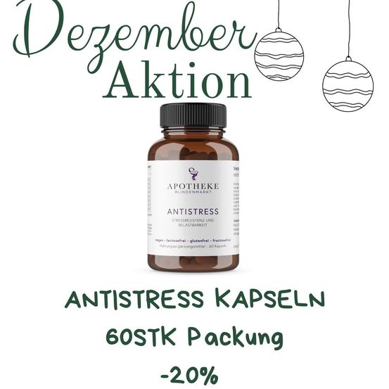 Eine Flasche Antistress-Kapseln von Apotheke Blindenmarkt wird mit einem Rabattangebot gezeigt. Das Etikett erwähnt 'Stressless und entspannt' und das Produkt ist gluten-, laktose- und fructosefrei. Das Angebot gilt für eine 60-teilige Packung mit 20% Rabatt.