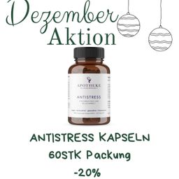 Eine Flasche Antistress-Kapseln von Apotheke Blindenmarkt wird mit einem Rabattangebot gezeigt. Das Etikett erwähnt 'Stressless und entspannt' und das Produkt ist gluten-, laktose- und fructosefrei. Das Angebot gilt für eine 60-teilige Packung mit 20% Rabatt.