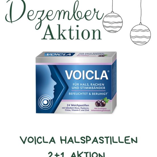 Eine Packung Voicla Halspastillen wird mit einer Dezember-Aktion beworben. Das Produkt ist zur Linderung von Hals, Mund und Stimme geeignet. Es enthält 24 Lutschtabletten mit einer Mischung aus Fruchtextrakten, Vitaminen und Mineralstoffen.