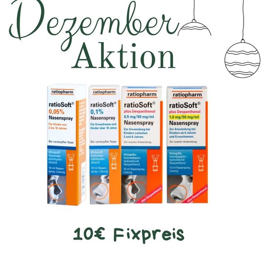 Dezember-Aktion Werbung mit vier Packungen ratioSoft Nasenspray für Kinder und Erwachsene. Die Schachteln sind orange und weiß und zeigen Preise und Details. Die Werbung beinhaltet auch einen Festpreis von 10 Euro.