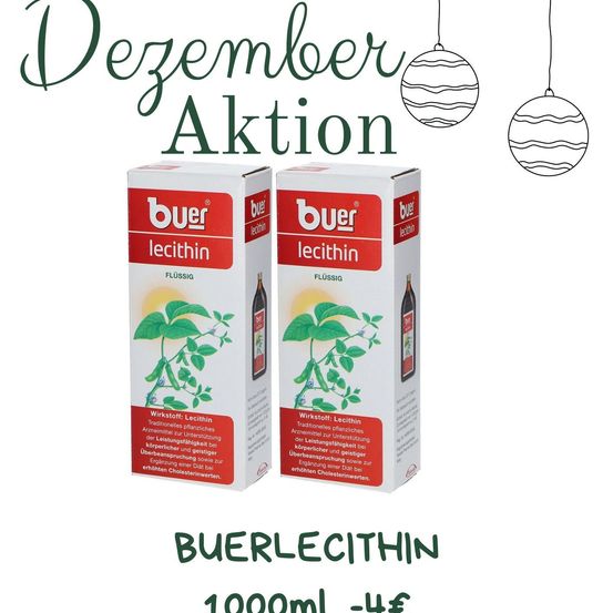 Zwei Packungen Buer Lecithin mit einer Dezember Aktion. Das Produkt ist flüssig und in 1000ml Flaschen. Der Preis beträgt 4 Euro.