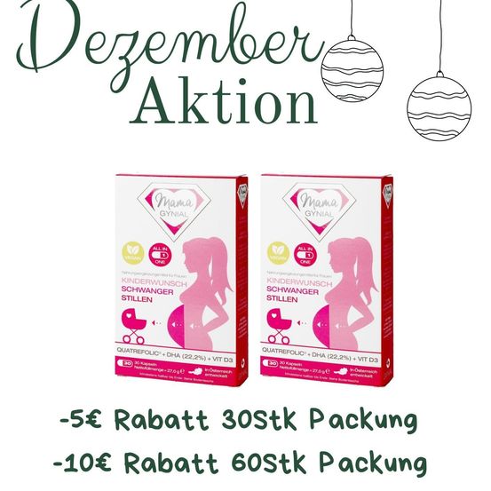 Eine Werbung für Mama Gynial Schwangerschaftsergänzungsmittel, die zwei Packungen zeigt. Eine bietet einen Rabatt von 5 Euro auf eine 30er-Packung, die andere einen Rabatt von 10 Euro auf eine 60er-Packung.