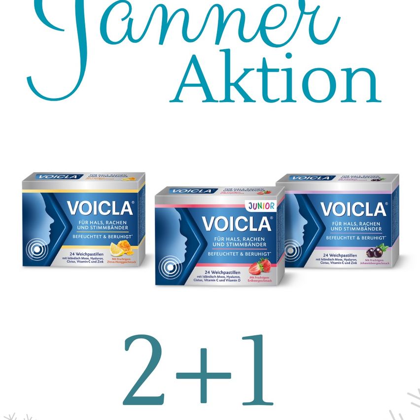 Drei Packungen Voicla, ein Halspastill, sind auf weißem Hintergrund zu sehen. Die Packungen sind mit dem Produktnamen, den Zutaten und der Anzahl der Stücke beschriftet. Es ist auch ein 2+1-Angebot sichtbar.