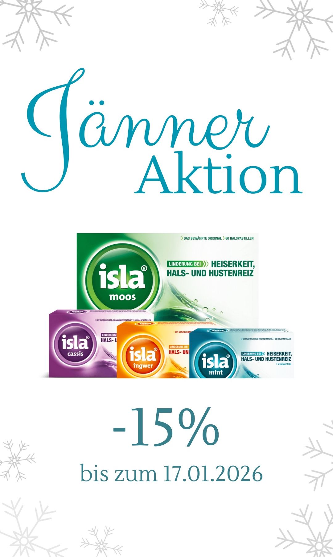 Eine Werbung für Isla Halspastillen, die drei Schachteln mit verschiedenen Geschmacksrichtungen zeigt. Die oberste Schachtel hat eine grüne Verpackung, die mittlere ist orange und die unterste blau. Auf den Schachteln steht 'Isla' mit verschiedenen Geschmacksrichtungen darunter. Das Bild zeigt auch einen 15%igen Rabatt.