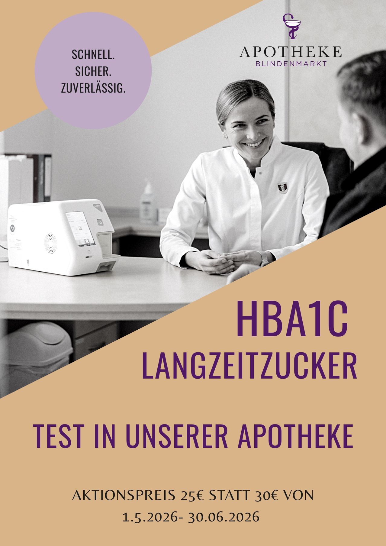 A healthcare professional sits at a desk with a patient. The desk has a testing device and some files. The image has text 'HbA1c Langzeitzucker Test in unserer Apotheke'.