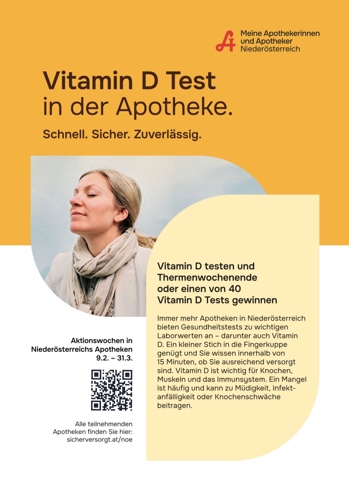 Eine Anzeige für Vitamin-D-Tests in Apotheken. Es wird das Testen und die Möglichkeit, einen von 40 Vitamin-D-Tests zu gewinnen, erwähnt. Eine Frau ist abgebildet, die die schnelle, sichere und zuverlässige Natur des Tests hervorhebt. Es ist in niederösterreichischen Apotheken erhältlich.