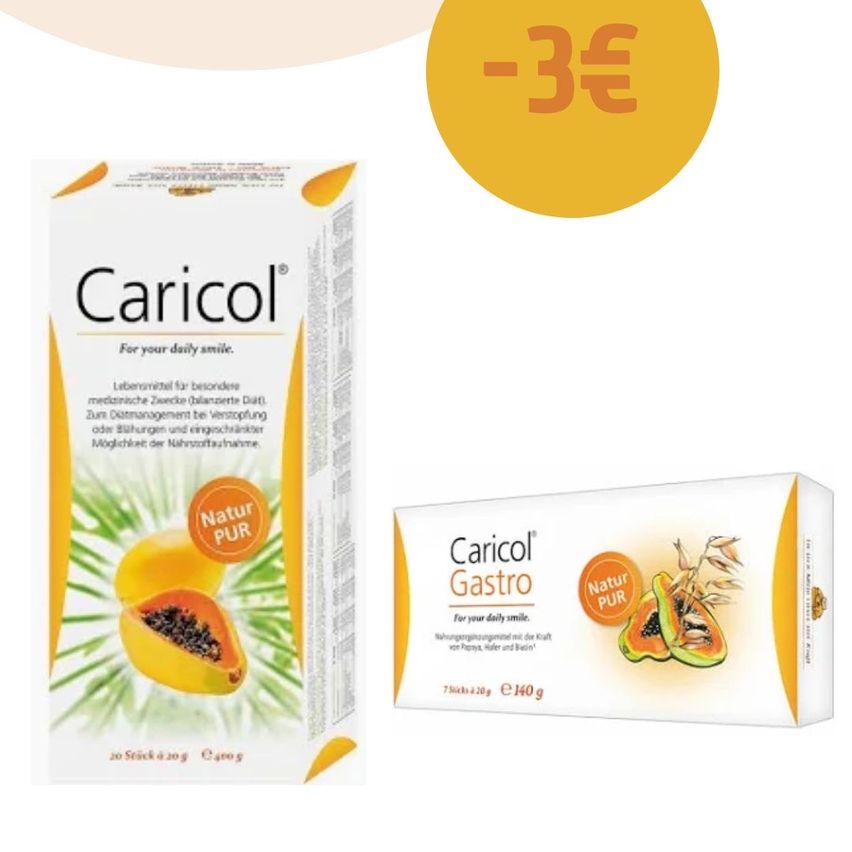 Eine Box und ein Beutel von Caricology Gastro, ein Nahrungsergänzungsmittel für die Verdauungsgesundheit, mit einem Papaya-Bild und einem Rabattsymbol.