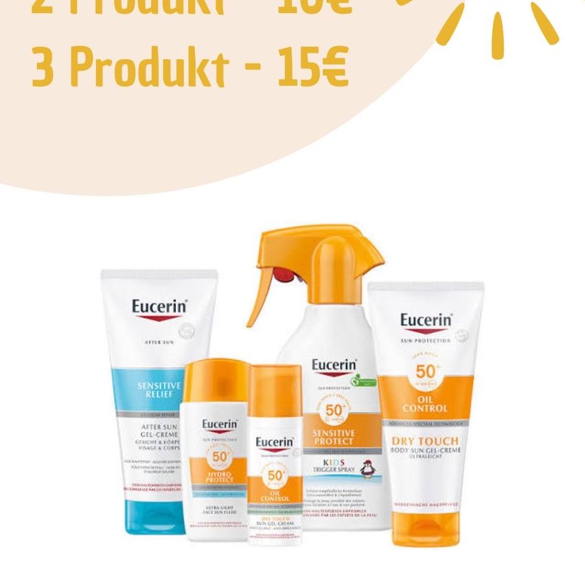 Ein Werbebild für Eucerin Sonnenschutzprodukte. Es zeigt drei Flaschen mit unterschiedlichen SPF-Werten und eine Sprühflasche, alle mit Eucerin-Markierung. Das Bild enthält einen Preisvergleich für den Kauf von zwei oder drei Produkten.
