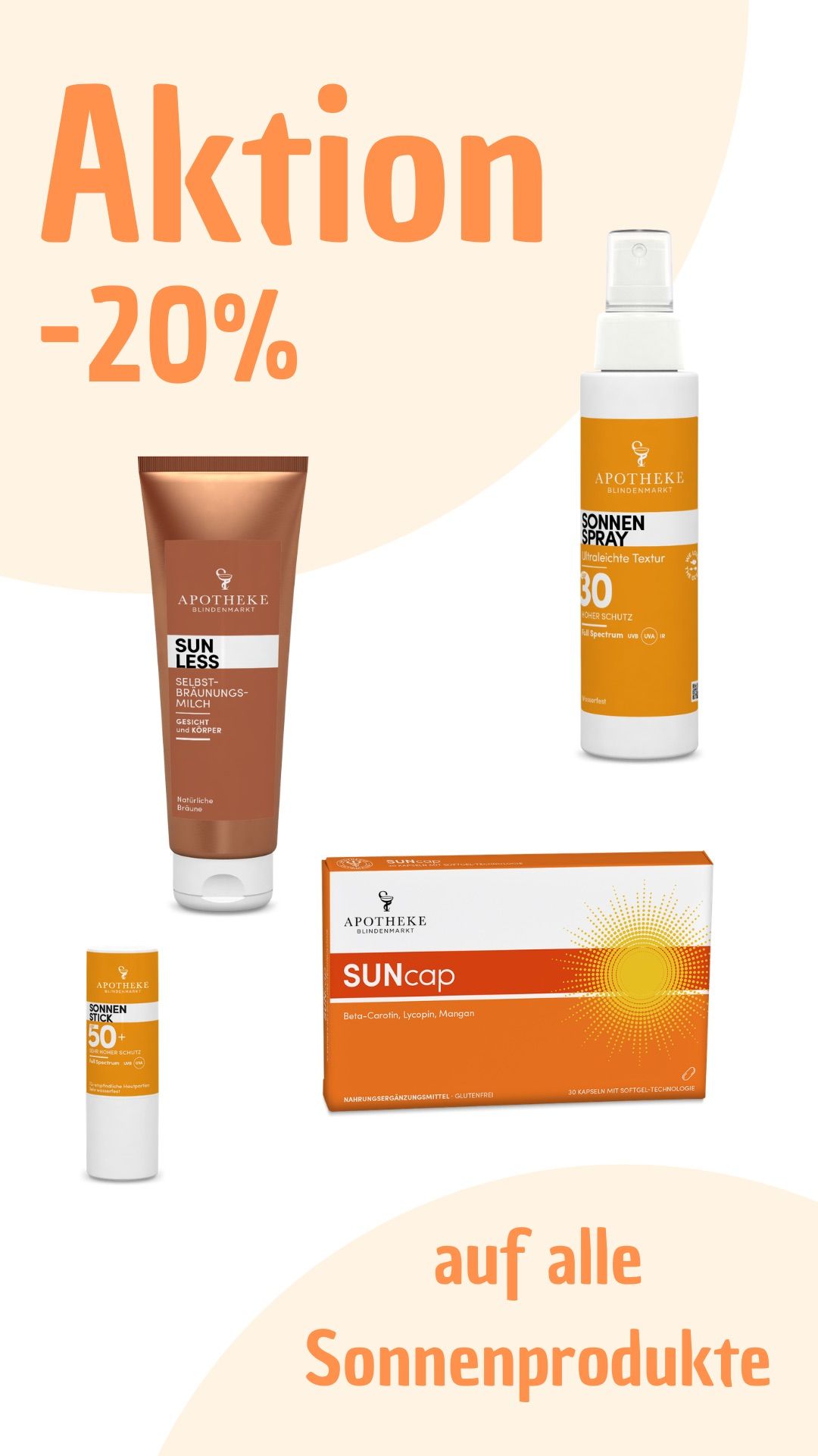 Ein Werbebild mit drei verschiedenen Sonnenschutzprodukten von Apotheke Blindenmarkt. Die Produkte umfassen eine braune Flasche mit der Aufschrift 'Sun Less', eine weiße Flasche mit orangefarbenen Akzenten mit der Aufschrift 'Sonnen Spray' und eine orangefarbene Schachtel mit der Aufschrift 'Suncap'.