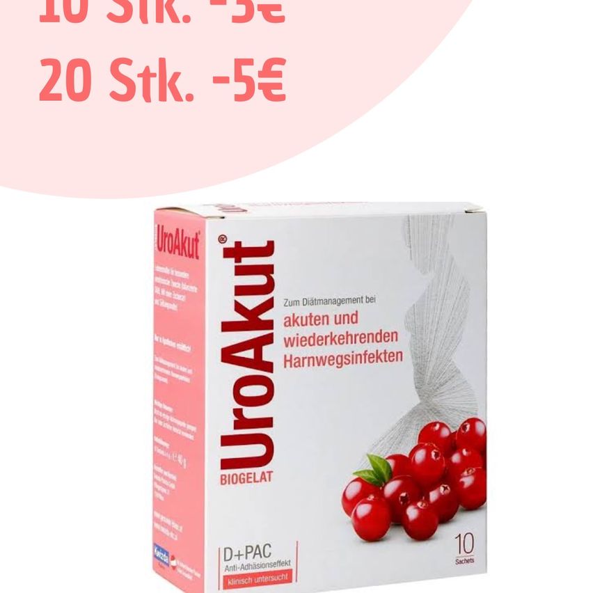 Eine Schachtel UroAkut BioGelat, ein Produkt zur Harnwegspflege, mit Preisangaben und einer Abbildung von Preiselbeeren auf einem rosa und weißen Etikett.