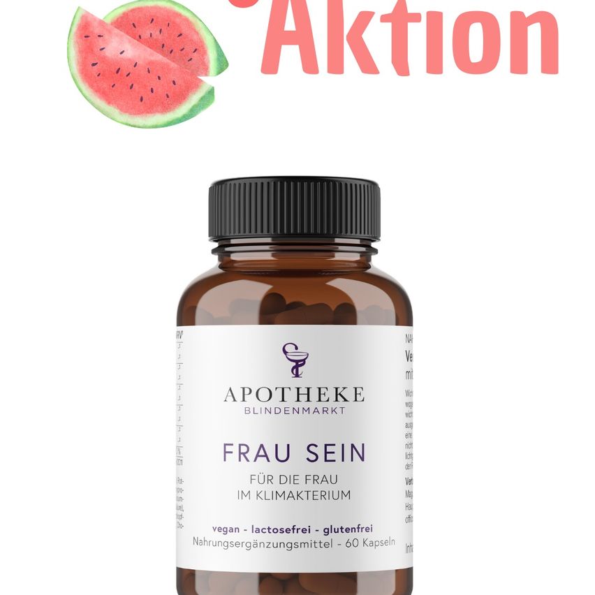 Eine Flasche Nahrungsergänzungsmittel für Frauen in den Wechseljahren, beschriftet mit 'Frau Sein', mit einem Wassermelonenstück im Hintergrund.