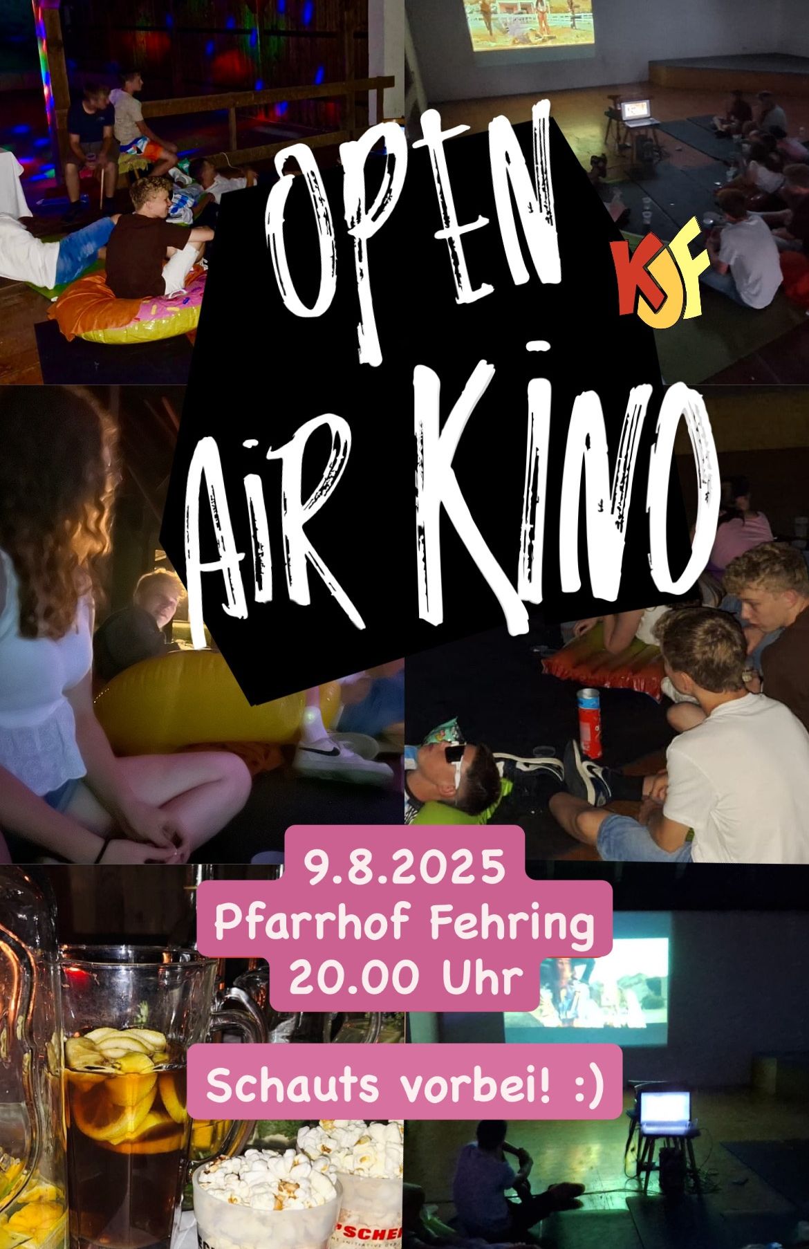 Das Plakat bewirbt eine Open-Air-Kinoveranstaltung am 9. August 2025 um 20 Uhr in Fehring. Familien sind zu sehen, wie sie auf aufblasbaren Matratzen sitzen und den Film genießen.