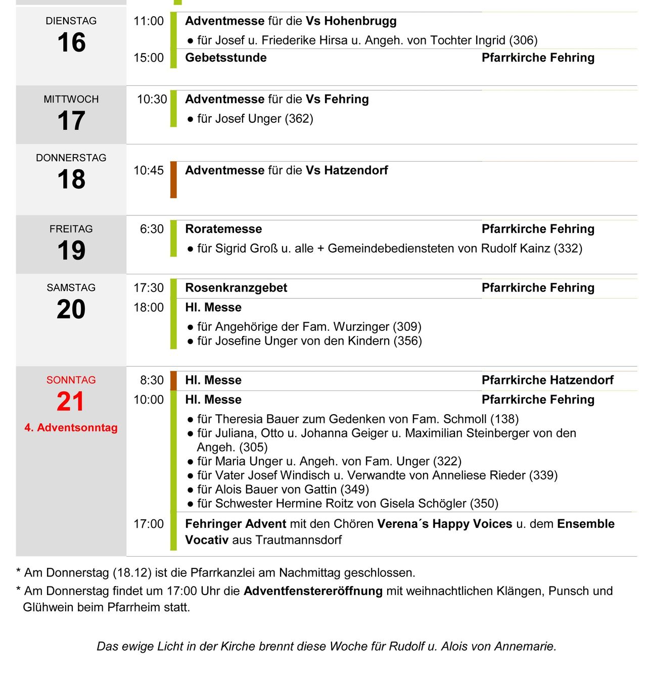 Das Bild zeigt einen Zeitplan für Gottesdienste an verschiedenen Tagen, einschließlich Zeiten, Daten und spezifischer Veranstaltungen wie Messen und Gottesdienste für verschiedene Personen.