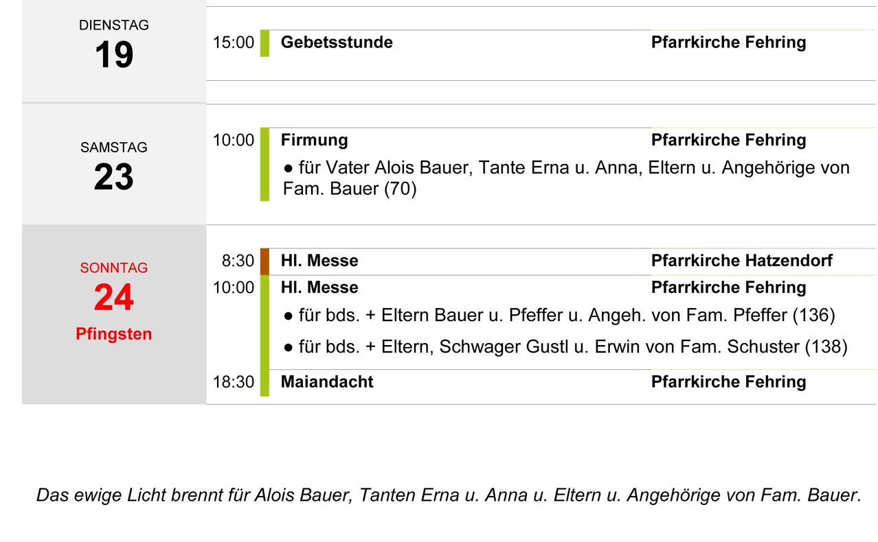The image displays a schedule for prayer times and masses, including details for Father Alois Bauer and his family, along with other attendees. Prayer times are listed at 8:30 and 10:00, with masses at 10:00 and 18:30.