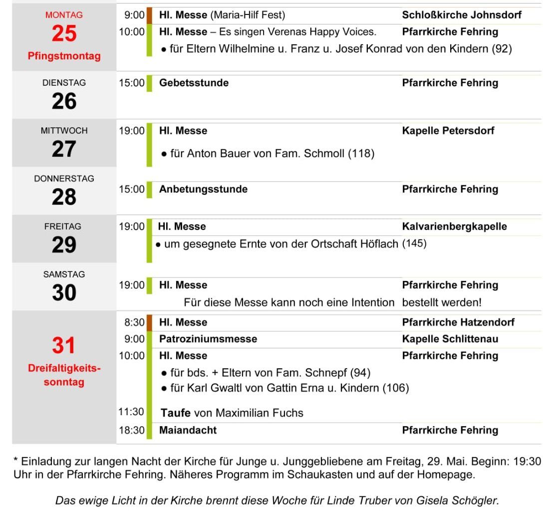 Ein Zeitplan von Messen und Aktivitäten für eine Woche, beginnend mit einer Montagsmesse um 9:00 Uhr. Es beinhaltet verschiedene Messen, einschließlich einer für Eltern und Kinder, und eine späte Versammlung am Freitag.