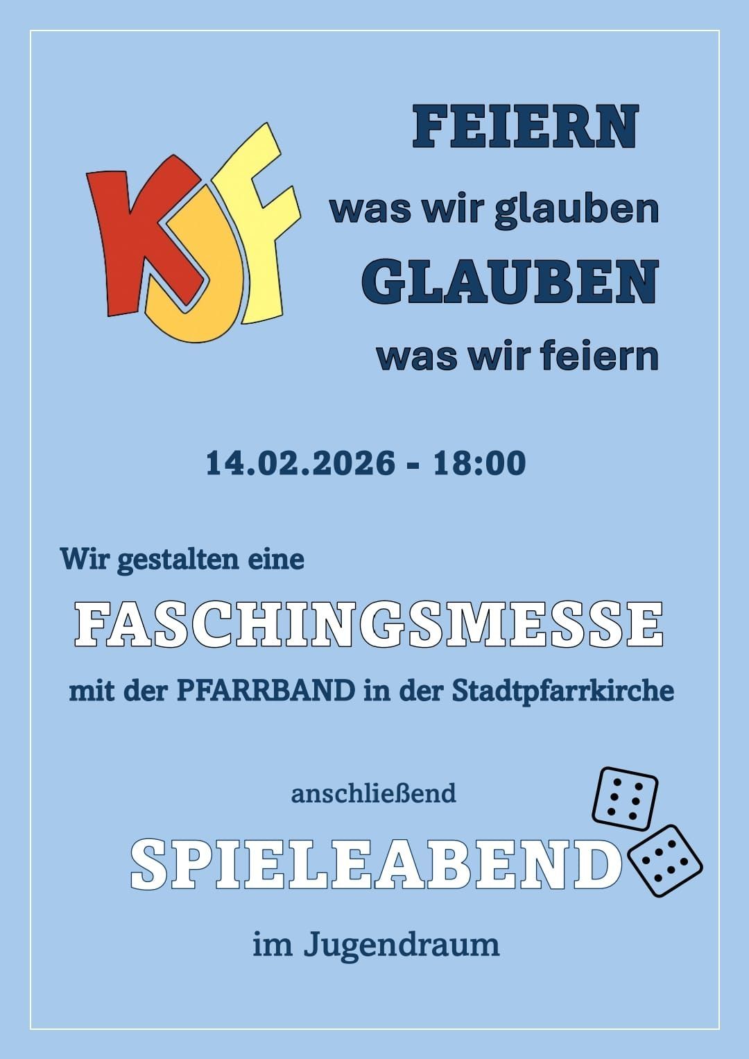 Poster advertising a Faschingsmesse event with Pfarrband, happening on 14th February 2026 at 18:00, followed by a Spielabend.