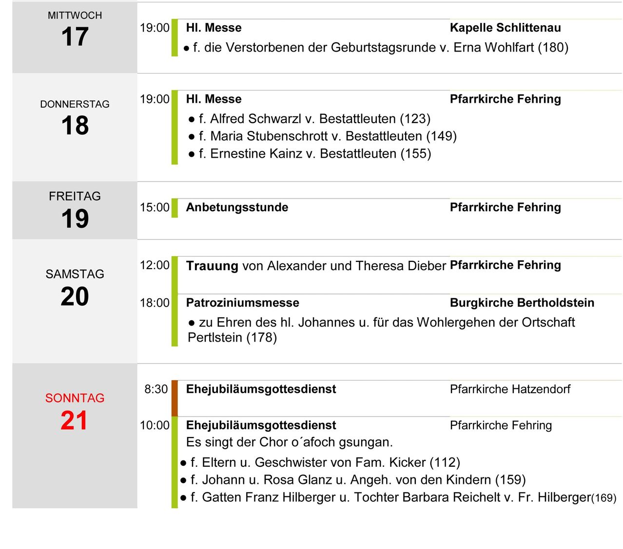 Ein Zeitplan listet religiöse Gottesdienste für mehrere Tage mit Datum und Uhrzeit auf. Jeder Eintrag enthält den Ort, die Namen von Personen und spezifische Details.