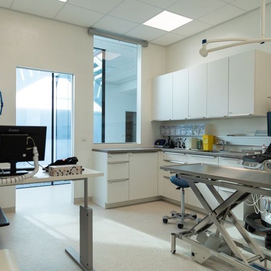 Bild enthält, Furniture, Table, Building, Hospital, Desk, Clinic, Monitor, Screen, Ceiling Fan, Electrical Device