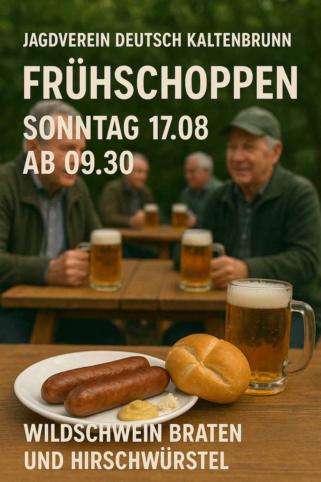 Ein Mann sitzt an einem Tisch mit einem Glas Bier, umgeben von anderen Männern. Es gibt einen Teller mit zwei Würstchen und einem Brötchen. Das Datum und die Uhrzeit sind in deutscher Sprache angegeben.