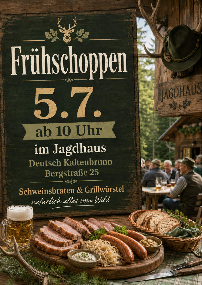 An advertisement for breakfast at the Jagdhaus. It begins at 10 o'clock, offering sausages and bread. A beer mug and food are in the foreground.