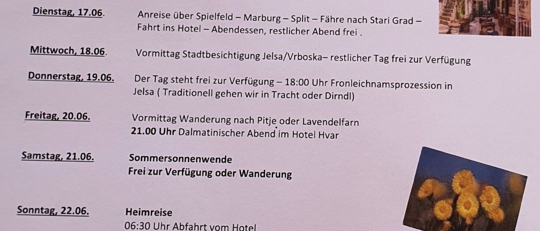 Reiseplan für eine Reise nach Kroatien im Jahr 2025. Beinhaltet Reisedaten, Kosten, Hotelinformationen und Reiseroutendetails.