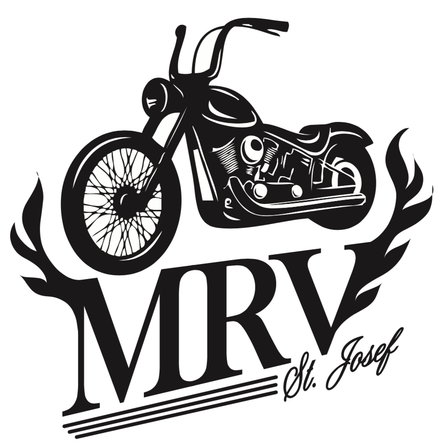 Ein schwarz-weißes Logo mit einem Motorrad und dem Text MRV St. Joseph in fetten Buchstaben.