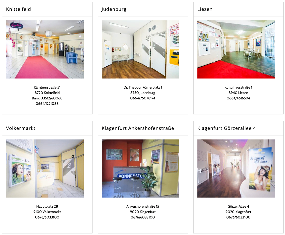 A red carpet leads to an office with white walls and lights, including a blue chair. Address: Karntnerstraße 51, 8720 Knittelfeld, Austria. Phone: 0664/1221088.