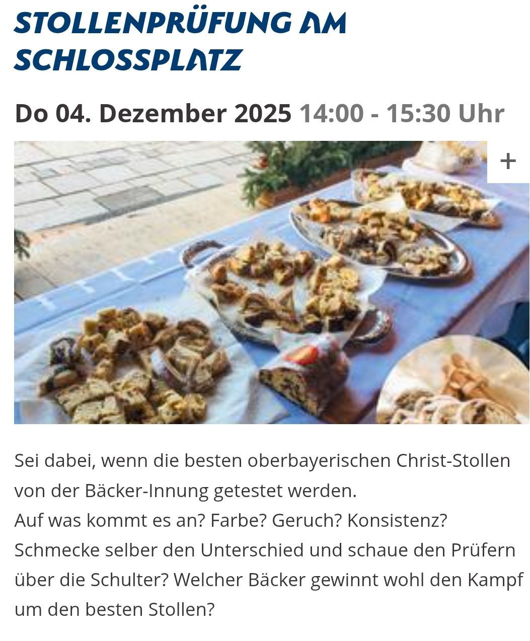 Ein Ereignis am 04. Dezember 2025 von 14:00 bis 15:30 Uhr zeigt verschiedene Backwaren auf einem Tisch mit Ziegelhintergrund. Im Mittelpunkt steht das Verkosten der besten bayerischen Christ-Stollen.