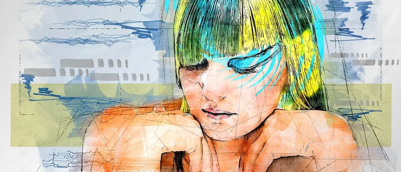 Eine abstrakte Malerei einer Frau mit blauen und gelben Haaren, die zur Seite schaut und mit den Händen am Hals in einem wasserigen Hintergrund.