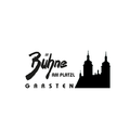 Logo für Bühne am Platzl mit einer Silhouette eines Turms im Hintergrund.