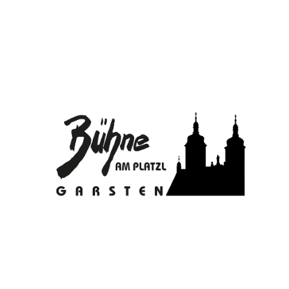 Logo für Bühne am Platzl mit einer Silhouette eines Turms im Hintergrund.