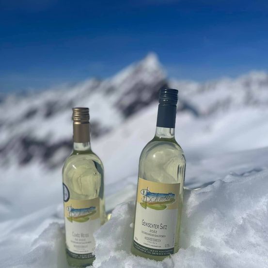 Zwei Weinflaschen, eine mit dem Aufkleber Geischter Satz 2022, sind im Schnee vergraben, mit einem Gebirgszug im Hintergrund.