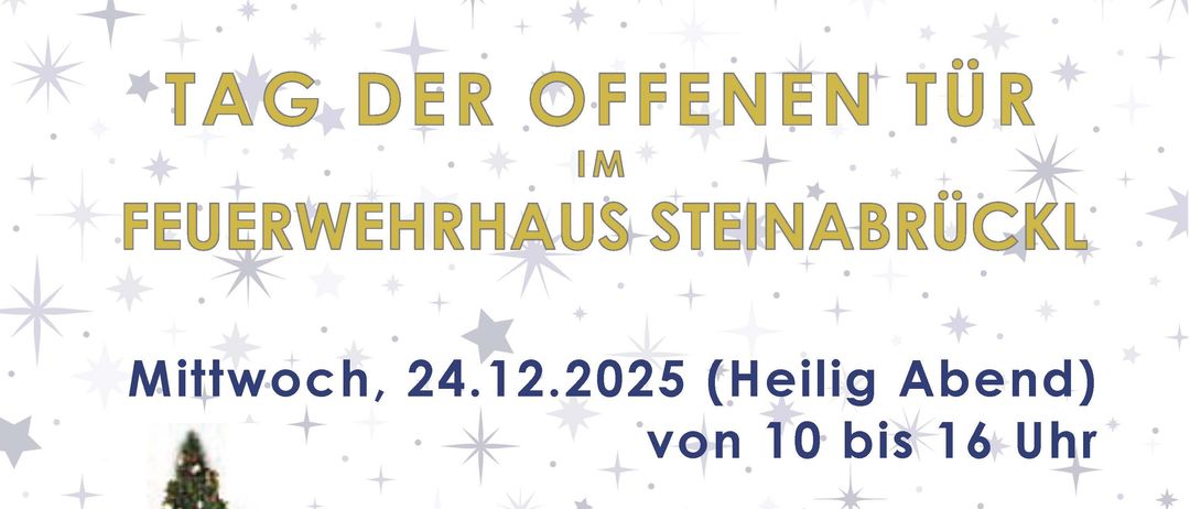 Die Feuerwehr Steinabruckel lädt Sie und Ihre Kinder ein, die Wartezeit auf das Christkind zu verkürzen. Ein Lagerfeuer und Fahrten mit dem Feuerwehrauto werden veranstaltet. Für kleine Speisen und Getränke ist gesorgt.