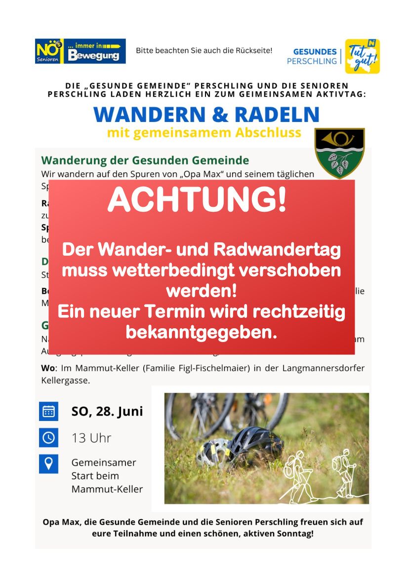 Plakat mit Wander- und Radwandertag-Ankündigung. Event verschoben. Neuer Termin wird bekanntgegeben. Ort: Mammut-Keller. Datum: 28. Juni, Zeit: 13 Uhr.