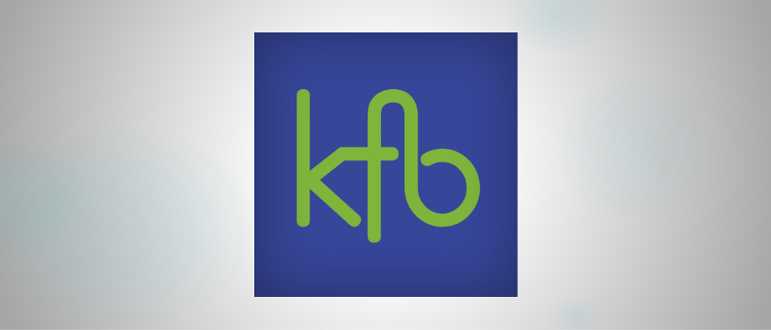 Das Bild zeigt ein Logo mit den Buchstaben 'kfb' in Grün auf blauem Hintergrund. Das Design ist schlicht, modern und verwendet eine serifenlose Schriftart.