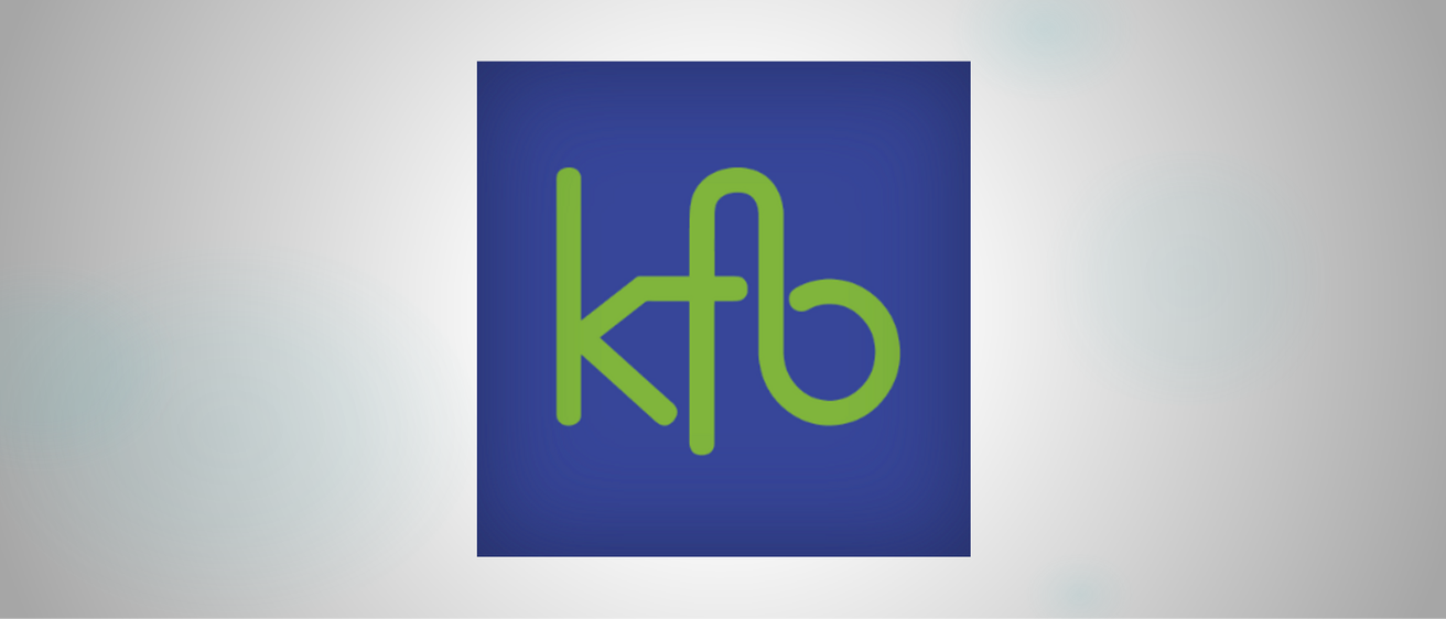 Das Bild zeigt ein Logo mit den Buchstaben 'kfb' in Grün auf blauem Hintergrund. Das Design ist schlicht, modern und verwendet eine serifenlose Schriftart.