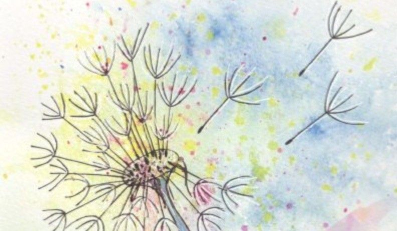 Eine Aquarellmalerei eines Löwenzahns mit seinen Samen, die auf einem blauen und gelben Hintergrund verstreut sind.