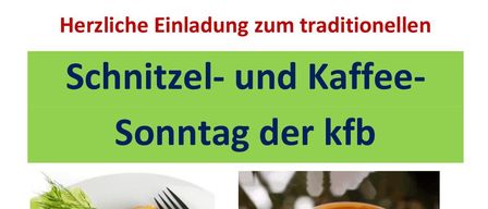 Plakat für eine Sonntagsveranstaltung mit Essen und Kaffee. Es zeigt einen Teller mit frittierten Speisen mit einer Zitronenscheibe und Pommes und eine Tasse Kaffee mit Herzdesign. Die Veranstaltung findet am 23. August 2026 um 10:00 Uhr statt.
