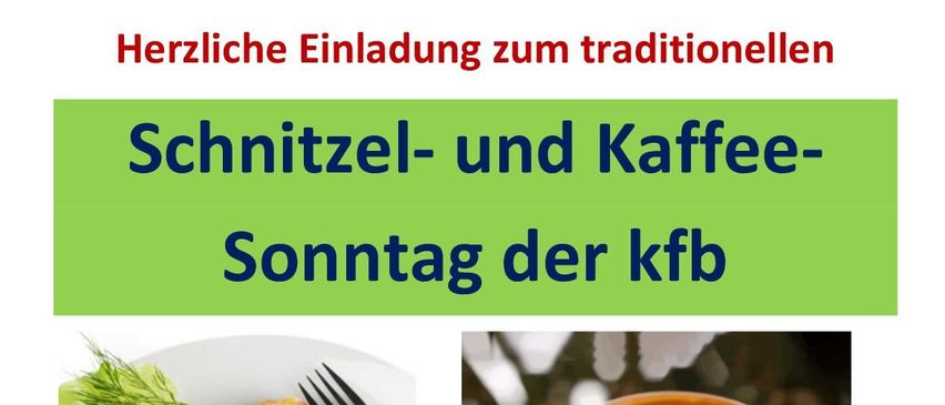 Plakat für eine Sonntagsveranstaltung mit Essen und Kaffee. Es zeigt einen Teller mit frittierten Speisen mit einer Zitronenscheibe und Pommes und eine Tasse Kaffee mit Herzdesign. Die Veranstaltung findet am 23. August 2026 um 10:00 Uhr statt.