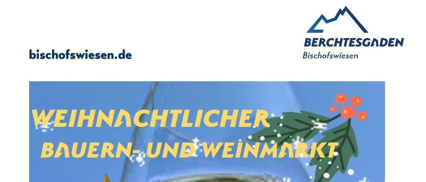 Ein Plakat für den Weihnachtsbauern- und Weinmarkt. Zeigt ein Weinglas, einen Weihnachtsbaum und Schneeflocken. Geplant für Samstag, 6. Dezember 2025, von 10 bis 16 Uhr.